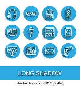 Set line Music wave equalizer, Stereo speaker, Headphones, Microphone, Beer can and Drum machine icon. Vector