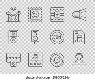 Set line Music wave equalizer, DJ playing music, player, Drums, Stereo speaker, Vinyl disk and MP3 file document icon. Vector