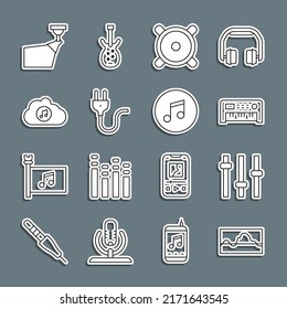 Set line Music wave equalizer, synthesizer, Stereo speaker, Electric plug, streaming service, Movie spotlight and note, tone icon. Vector
