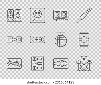 Set line Music wave equalizer, Drums, DJ remote and mixing music, playlist, Stereo speaker, Record button,  and Beer can icon. Vector