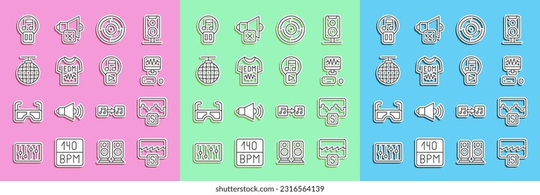 Set line Music wave equalizer, recording studio, Vinyl disk, T-shirt, Disco ball, Pause button and Play square icon. Vector