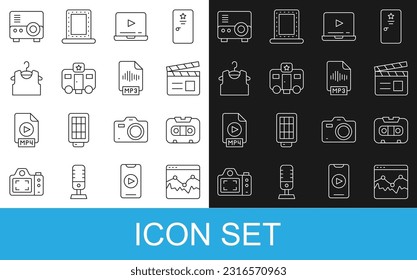 Set line Music wave equalizer, Retro audio cassette tape, Movie clapper, Online play video, Actor trailer, Sleeveless T-shirt, Media projector and MP3 file document icon. Vector