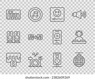 Set line Music wave equalizer, Disco ball, player, Drums, synthesizer, note, tone, Stereo speaker and DJ playing music icon. Vector