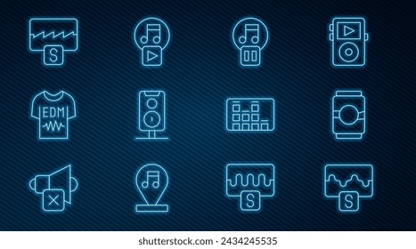 Set line Music wave equalizer, Beer can, Pause button, Stereo speaker, T-shirt,  and Play in square icon. Vector