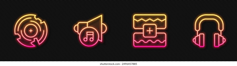 Set line Music wave equalizer, Vinyl disk, Speaker volume and Headphones. Glowing neon icon. Vector