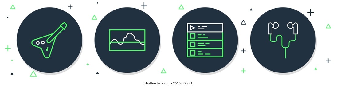 Definir linha de equalizador de onda de música, playlist, guitarra baixo elétrica e ícone de fones de ouvido de ar. Vetor