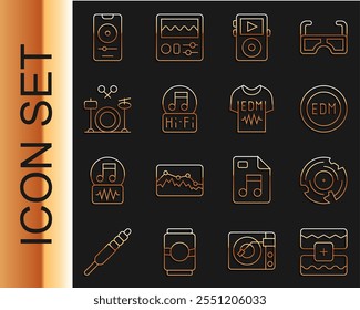 Set line Music wave equalizer, Vinyl disk, EDM electronic dance music, player, note, tone, Drums,  and T-shirt icon. Vector