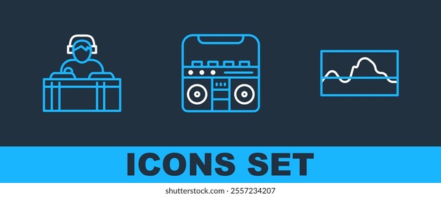 Set line Music wave equalizer, DJ playing music and Home stereo with speakers icon. Vector