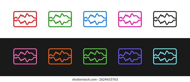 Set line Music wave equalizer icon isolated on black and white background. Sound wave. Audio digital equalizer technology, console panel, pulse musical.  Vector