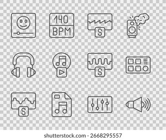 Set line Music wave equalizer, Speaker volume, MP3 file document, player, Play in square, Sound mixer controller and Drum machine icon. Vector