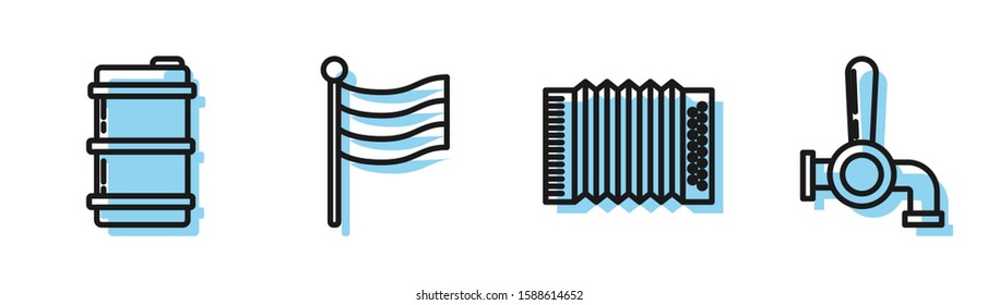 Set line Musical instrument accordion, Metal beer keg, National Germany flag and Beer tap icon. Vector