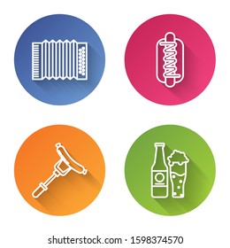 Set line Musical instrument accordion, Hotdog sandwich with mustard, Sausage on the fork and Beer bottle and glass. Color circle button. Vector