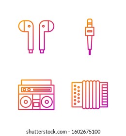 Set line Musical instrument accordion, Home stereo with two speakers, Air headphones and Microphone. Gradient color icons. Vector
