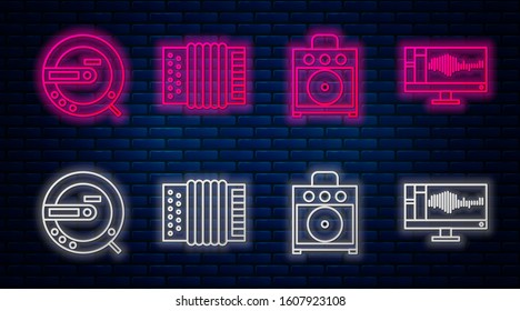 Set line Musical instrument accordion, Guitar amplifier, Music CD player and Sound or audio recorder on monitor. Glowing neon icon on brick wall. Vector