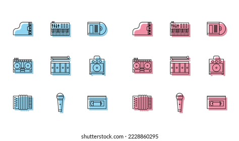Set line Musical instrument accordion, Microphone, Grand piano, VHS video cassette tape, Drum with drum sticks, Guitar amplifier, DJ remote for playing mixing music and synthesizer icon. Vector