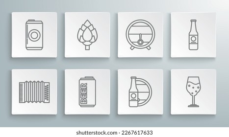 Set line Musical instrument accordion, Hop, Beer can, bottle and wooden barrel, Glass of beer, Wooden rack with stopcock,  and  icon. Vector