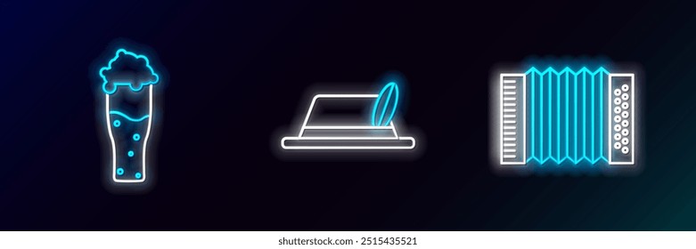 Set line Musical instrument accordion, Glass of beer and Oktoberfest hat icon. Glowing neon. Vector