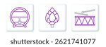 Set line Musical instrument drum and drum sticks, Wooden barrel on rack with stopcock and Hop icon. Vector