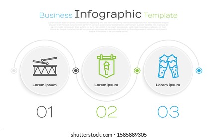 Set line Musical instrument drum and drum sticks, Street signboard with glass of beer and Glass of beer. Business infographic template. Vector