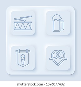 Set line Musical instrument drum and drum sticks, Glass of beer, Street signboard with glass of beer and Pretzel. White square button. Vector