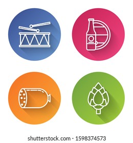 Set line Musical instrument drum and drum sticks, Beer bottle and wooden barrel, Salami sausage and Hop. Color circle button. Vector