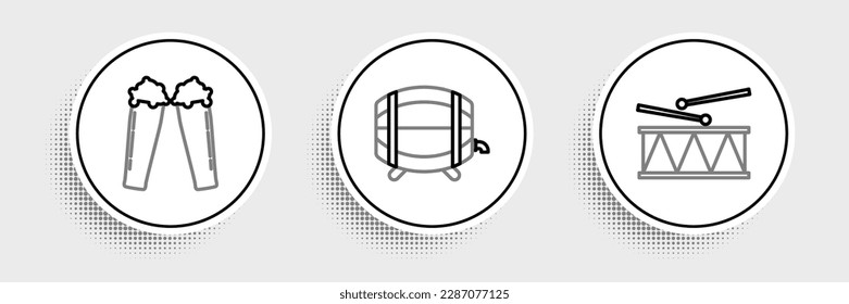 Set line Musical instrument drum and drum sticks, Glass of beer and Wooden barrel on rack with stopcock icon. Vector