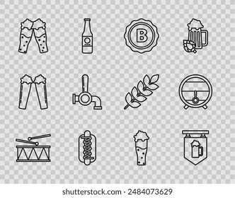 Set line Musical instrument drum and drum sticks, Street signboard with glass of beer, Bottle cap inscription, Hotdog sandwich mustard, Glass, Beer tap,  and Wooden barrel rack stopcock icon. Vector