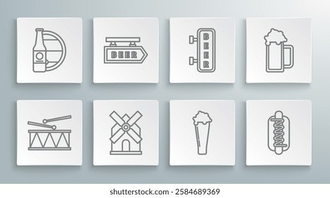 Set line Musical instrument drum and drum sticks, Street signboard with inscription Beer, Windmill, Glass of beer, Hotdog sandwich mustard,  and bottle wooden barrel icon. Vector