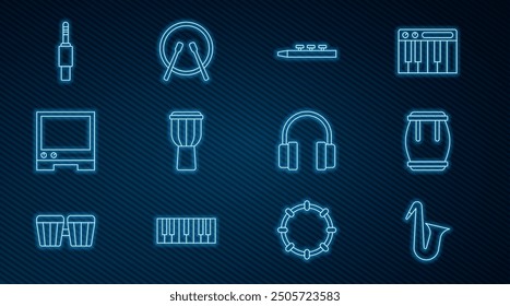 Set line Musical instrument saxophone, Drum, and drum sticks, Voice assistant, Audio jack, Headphones and  icon. Vector