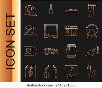 Set line Musical instrument saxophone, Trumpet, Drum and drum sticks, Voice assistant, note, tone and synthesizer icon. Vector