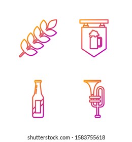Set line Musical instrument trumpet, Beer bottle, Cereals set with rice, wheat, corn, oats, rye, barley and Street signboard with glass of beer. Gradient color icons. Vector