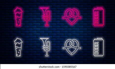 Set line Musical instrument trumpet, Pretzel, Glass of beer and Beer can. Glowing neon icon on brick wall. Vector
