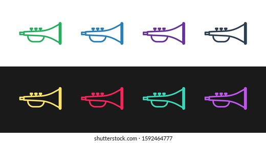 Set line Musical instrument trumpet icon isolated on black and white background.  Vector Illustration