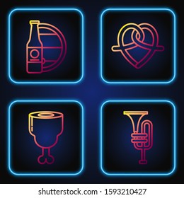 Set line Musical instrument trumpet, Chicken leg, Beer bottle and wooden barrel and Pretzel. Gradient color icons. Vector