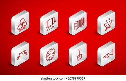 Set line Musical instrument trumpet, Wooden barrel on rack, Accordion, Barbecue grill, Banjo, barrels, Bottle cap and Picnic table with benches icon. Vector