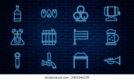 Set line Musical instrument trumpet, Wooden beer mug, barrels, Costume for women dirndl, Beer bottle, National Germany flag and Pistachio nuts icon. Vector