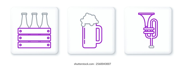 Set line Musical instrument trumpet, Pack of beer bottles and Glass icon. Vector