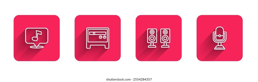 Set line Musical note, Guitar amplifier, Stereo speaker and Microphone with long shadow. Red square button. Vector