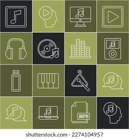 Set line Musical note in human head, speech bubble, player, Computer with music, Vinyl disk, Headphones, note, tone and equalizer icon. Vector