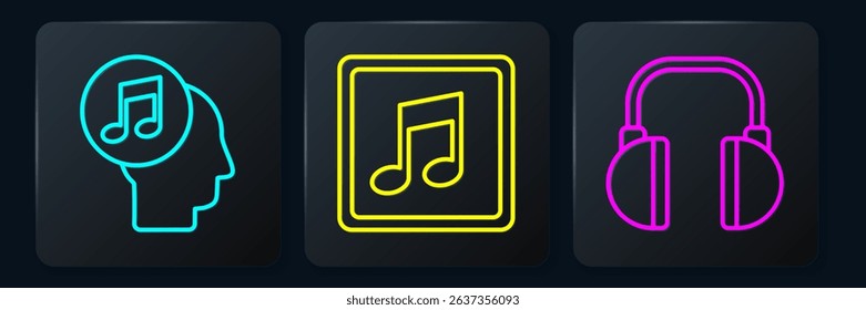 Set line Musical note in human head, Headphones and Music note, tone. Black square button. Vector