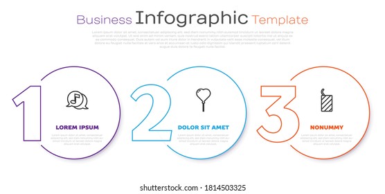 Set line Musical note in speech bubble, Balloon form of heart and Firework rocket. Business infographic template. Vector