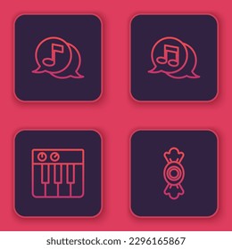 Set line Musical note in speech bubble, synthesizer,  and Candy. Blue square button. Vector