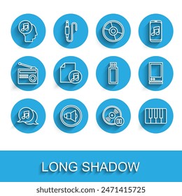 Set line Musical note in speech bubble, Speaker volume, human head, Vinyl disk, synthesizer, book with, Voice assistant and USB flash drive icon. Vector