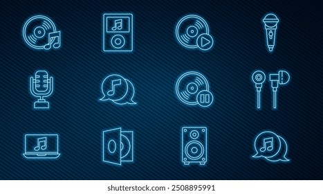 Set line Musical note in speech bubble, Air headphones, Vinyl disk, Microphone,  and player icon. Vector