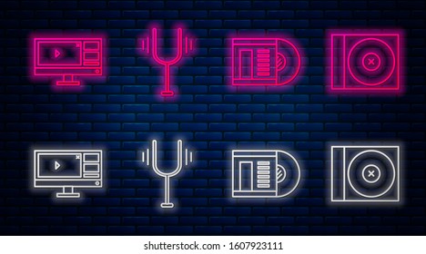 Set line Musical tuning fork, Vinyl disk, Video recorder or editor software on monitor and CD or DVD disk. Glowing neon icon on brick wall. Vector