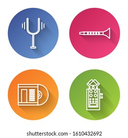 Set line Musical tuning fork, Clarinet, Vinyl disk and Microphone. Color circle button. Vector