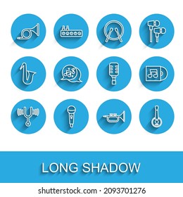 Set line Musical tuning fork, Microphone, Trumpet, Banjo, note, tone, Vinyl disk and  icon. Vector