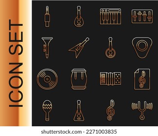 Set line Musical tuning fork, Treble clef, Guitar pick, synthesizer, Electric bass guitar, Drum and drum sticks, Audio jack and Banjo icon. Vector