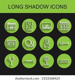 Set line Musical tuning fork, Clarinet, DJ remote playing and mixing music, stand, Drum sticks, Microphone, Banjo and Metronome with pendulum motion icon. Vector