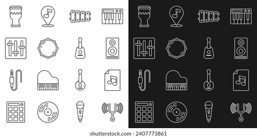 Fijar línea Horquilla de sintonización musical, libro con nota, altavoz estéreo, Xilófono, nivel de botón de marcado, controlador de mezclador de sonido, tambor e icono de guitarra. Vector
